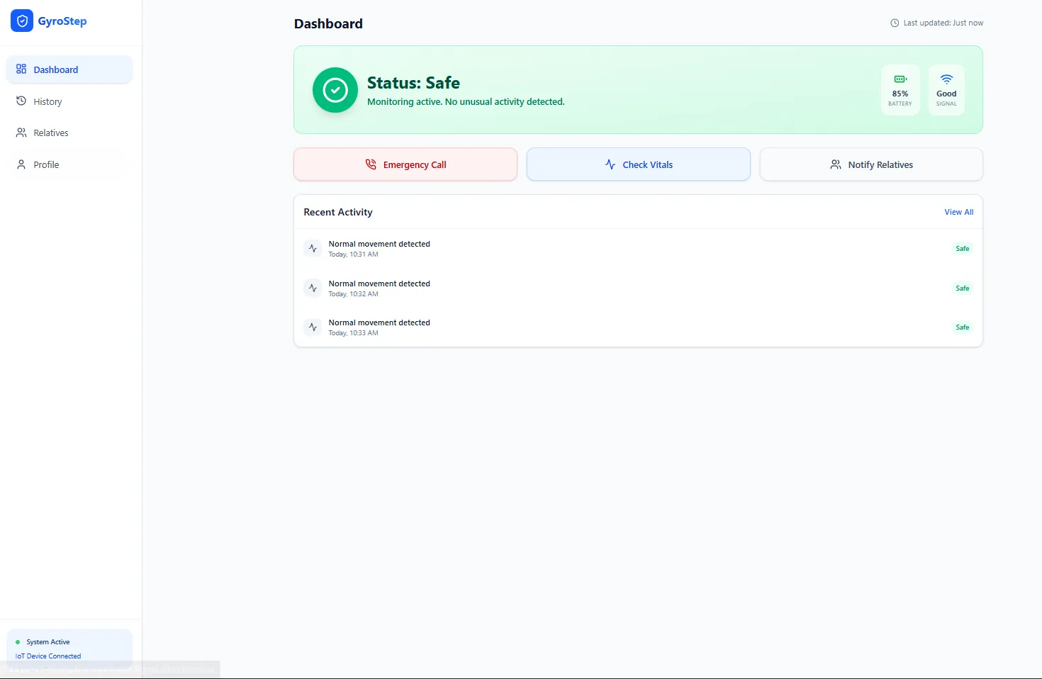 GyroStep caregiver dashboard with a 'Status: Safe' banner, quick actions and recent activity