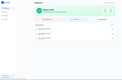 GyroStep caregiver dashboard with a 'Status: Safe' banner, quick actions and recent activity