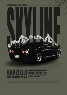 'Midnight Racing: Tokyo' poster featuring a black Nissan Skyline R32 under a large 'SKYLINE' headline