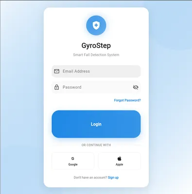 GyroStep login screen with email and password fields and Google and Apple sign-in buttons
