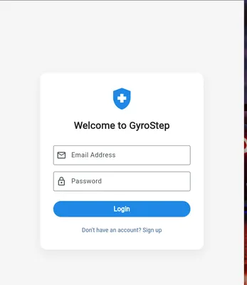 'Welcome to GyroStep' login card with email and password fields