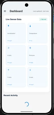 Phone mockup of a dashboard with live sensor data tiles for acceleration, temperature and pressure