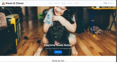 'Paws & Claws' pet shop homepage with a hero banner reading 'Playtime Made Better'