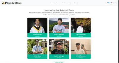 'Paws & Claws' team page with six developer profile cards