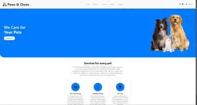 'Paws & Claws' services page with a 'We Care for Your Pets' banner and service cards