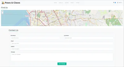 'Paws & Claws' contact page with a map and a contact form
