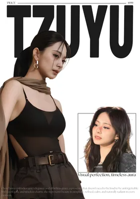 Magazine-style design with a large 'TZUYU' headline and two photos of Tzuyu