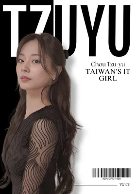 Black-and-white split design with a 'TZUYU' headline, the line 'Taiwan's It Girl' and a barcode
