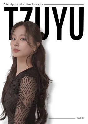 Minimal design with a large 'TZUYU' headline over a portrait and the tagline 'Visual perfection, timeless aura'